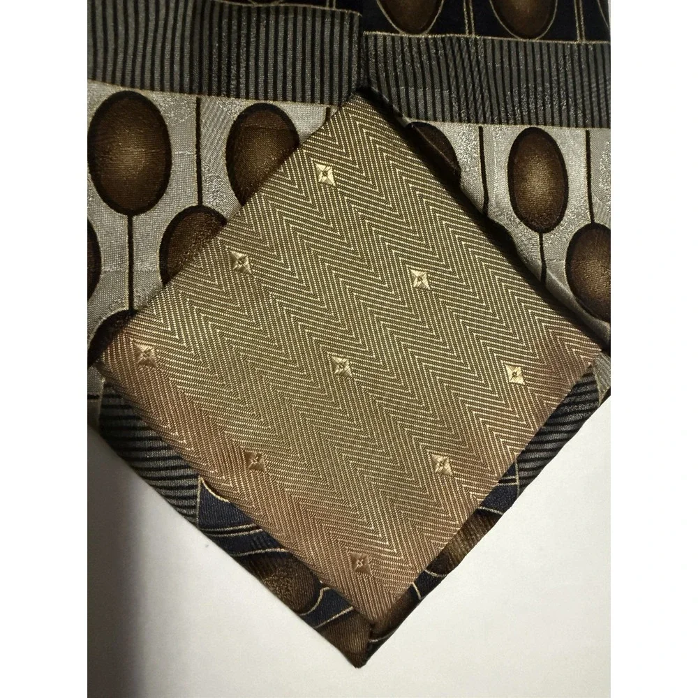 Gasparo Mens Silk Tie Bronze Grey Geometric Oval Abstract Hand Made Necktie